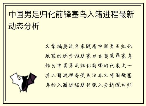 中国男足归化前锋塞鸟入籍进程最新动态分析
