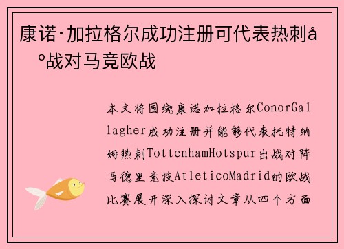 康诺·加拉格尔成功注册可代表热刺出战对马竞欧战