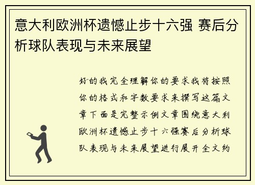 意大利欧洲杯遗憾止步十六强 赛后分析球队表现与未来展望
