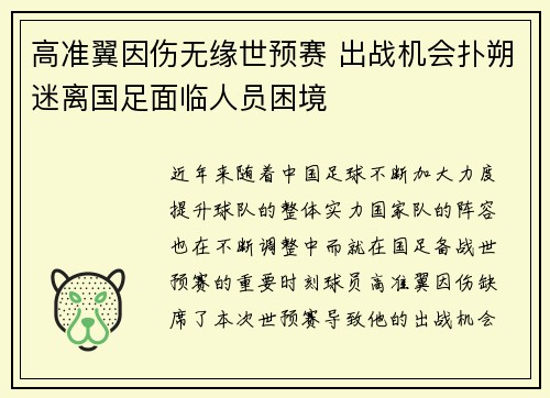 高准翼因伤无缘世预赛 出战机会扑朔迷离国足面临人员困境