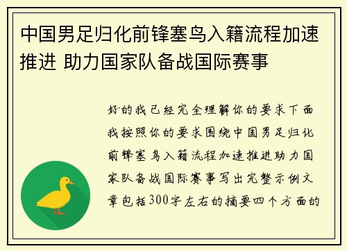 中国男足归化前锋塞鸟入籍流程加速推进 助力国家队备战国际赛事