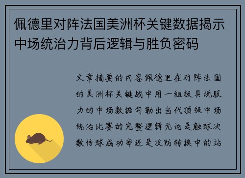 佩德里对阵法国美洲杯关键数据揭示中场统治力背后逻辑与胜负密码